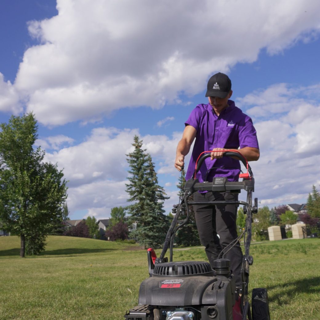 Algo worker pulling lawn mower string